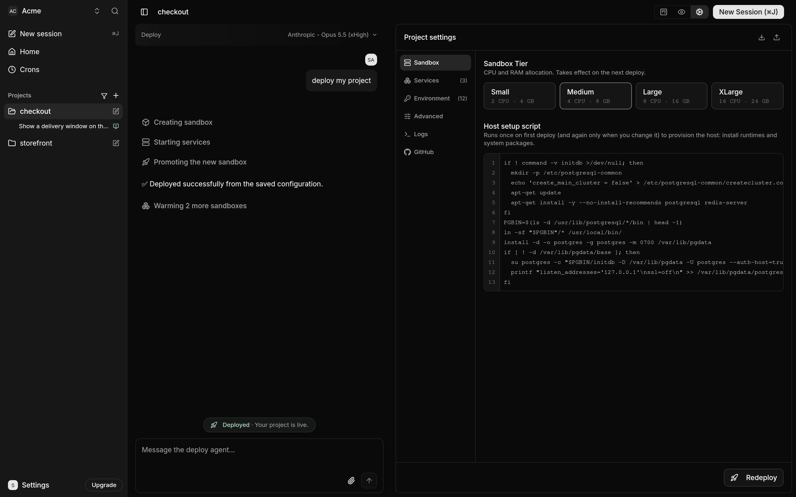 A project's Settings view after its first deploy. The Deploy Chat on the left lists Creating sandbox, Starting services and Promoting the new sandbox, then a "Deployed · Your project is live." pill above the message box. The Project settings panel on the right lists the sections Sandbox, Services, Environment, Advanced, Logs and GitHub, and has a Redeploy button.