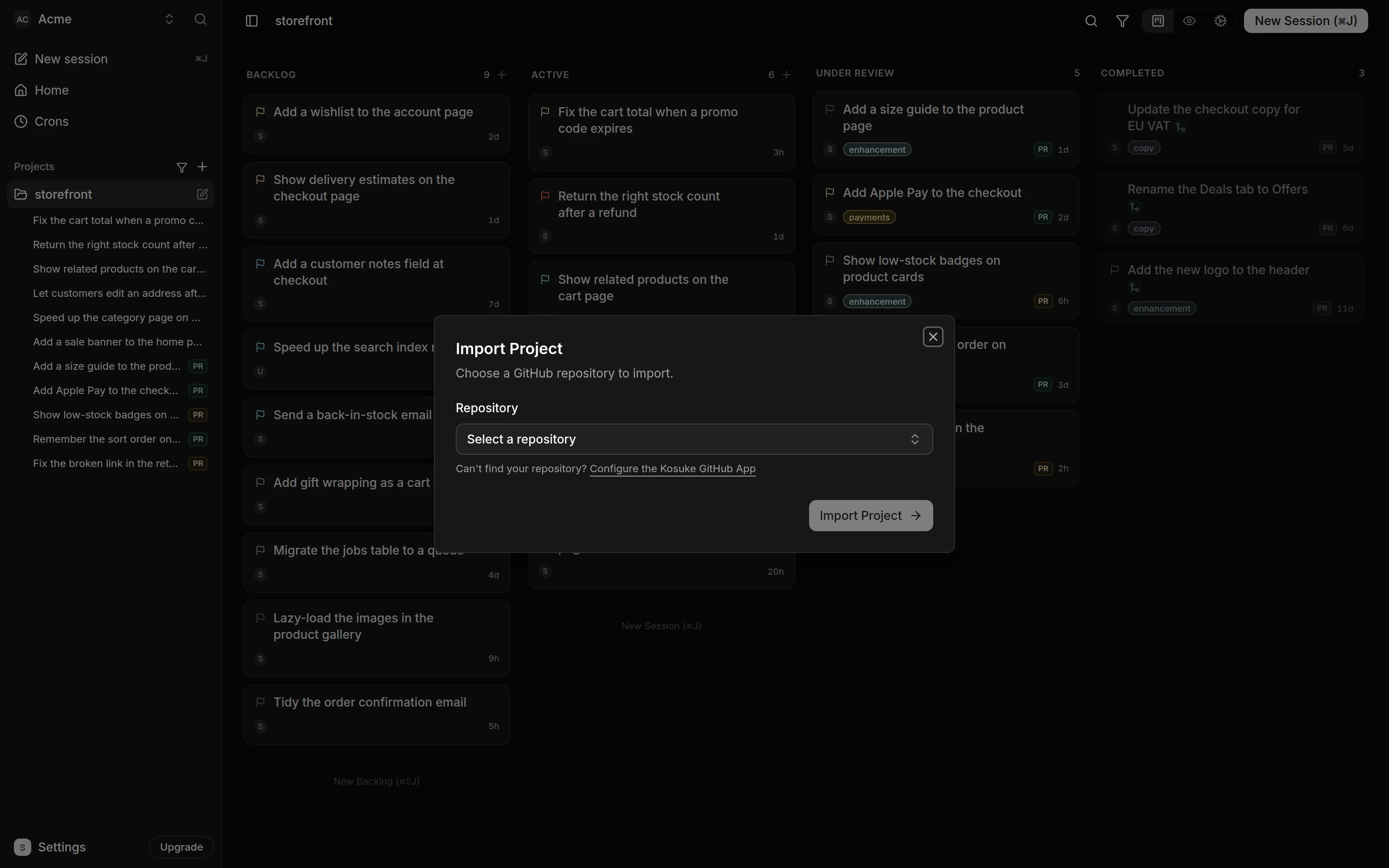 The Import Project dialog open over a project board. It reads "Choose a GitHub repository to import" and holds a Repository list, a link to configure the Kosuke GitHub App, and the Import Project button.