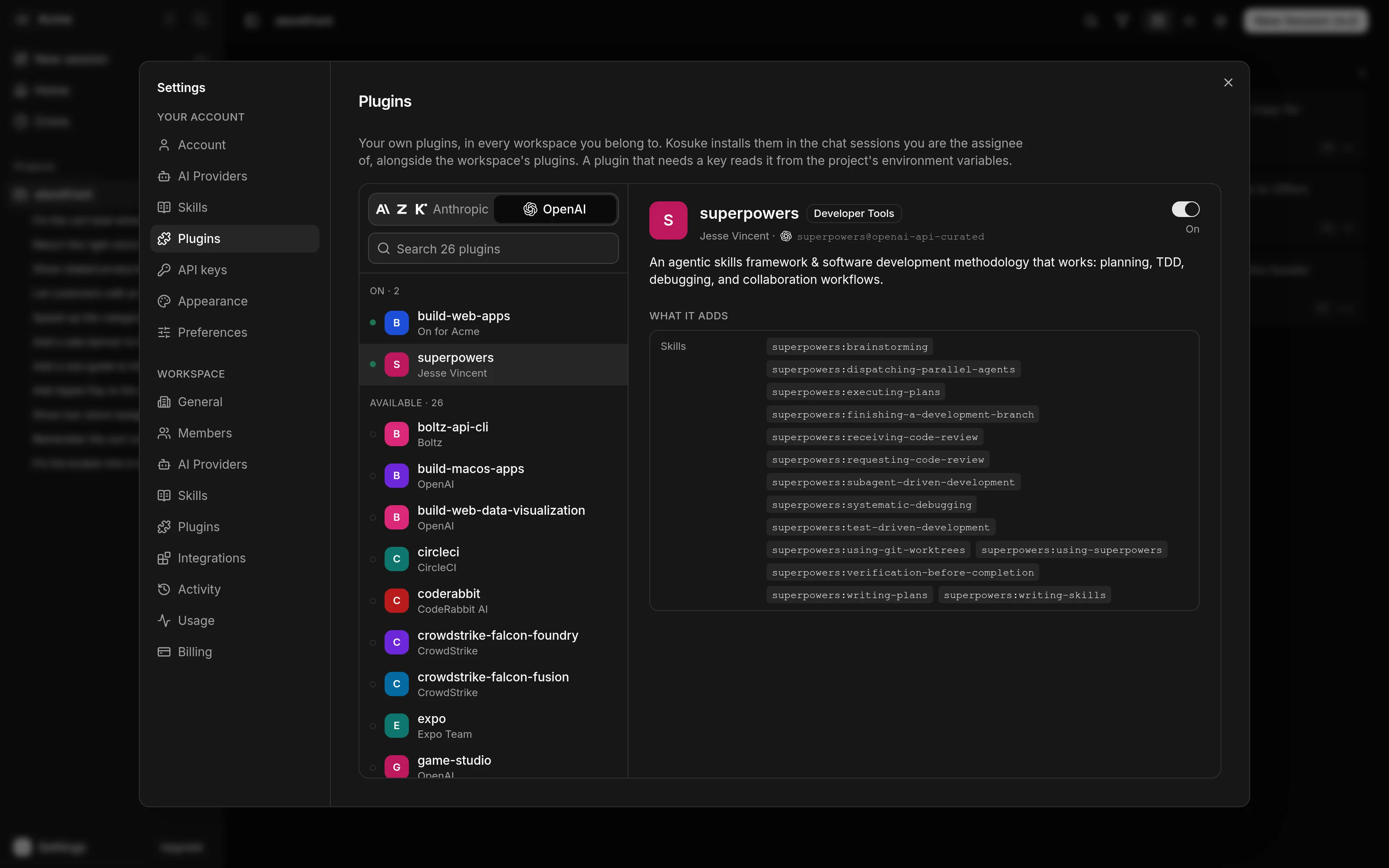 The Plugins section of Your Account, open on the OpenAI list. build-web-apps reads "On for Acme" and superpowers is on. The pane on the right shows superpowers, named superpowers@openai-api-curated, with its switch on and fourteen skills under What it adds, such as superpowers.