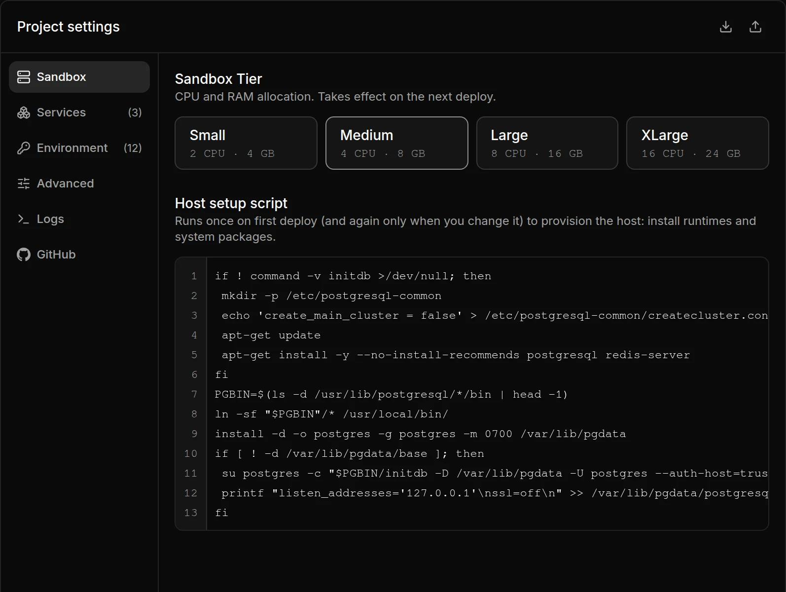 The Sandbox section of Project settings, picked in the section list on the left. Four tiers, Small 2 CPU 4 GB, Medium 4 CPU 8 GB (selected), Large 8 CPU 16 GB and XLarge 16 CPU 24 GB, sit above a thirteen-line host setup script that installs PostgreSQL and Redis.