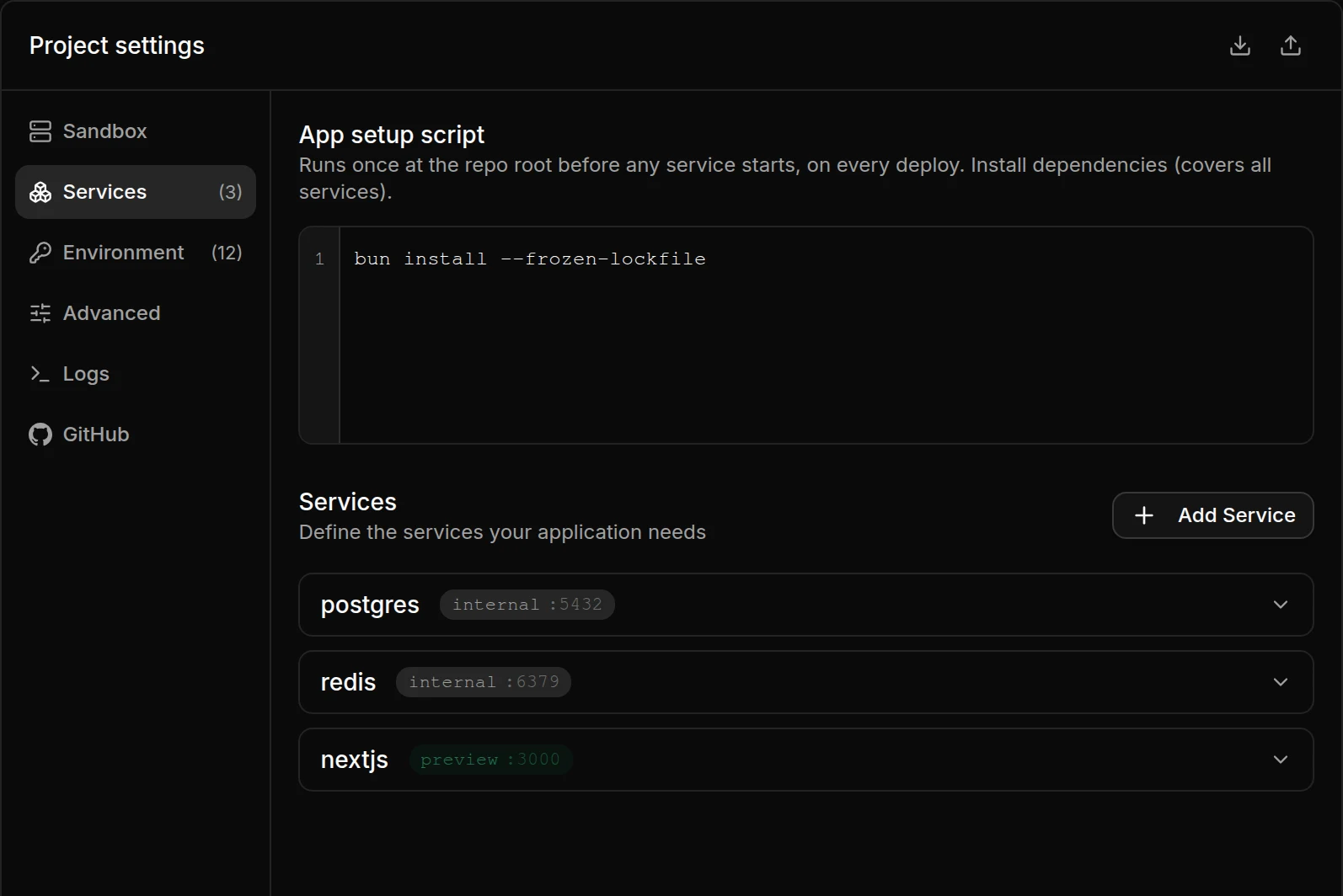 The Services section of Project settings, picked in the section list on the left. An app setup script reading "bun install --frozen-lockfile" sits above the Services list, which has an Add Service button and three collapsed services: postgres internal :5432, redis internal :6379 and nextjs preview :3000.
