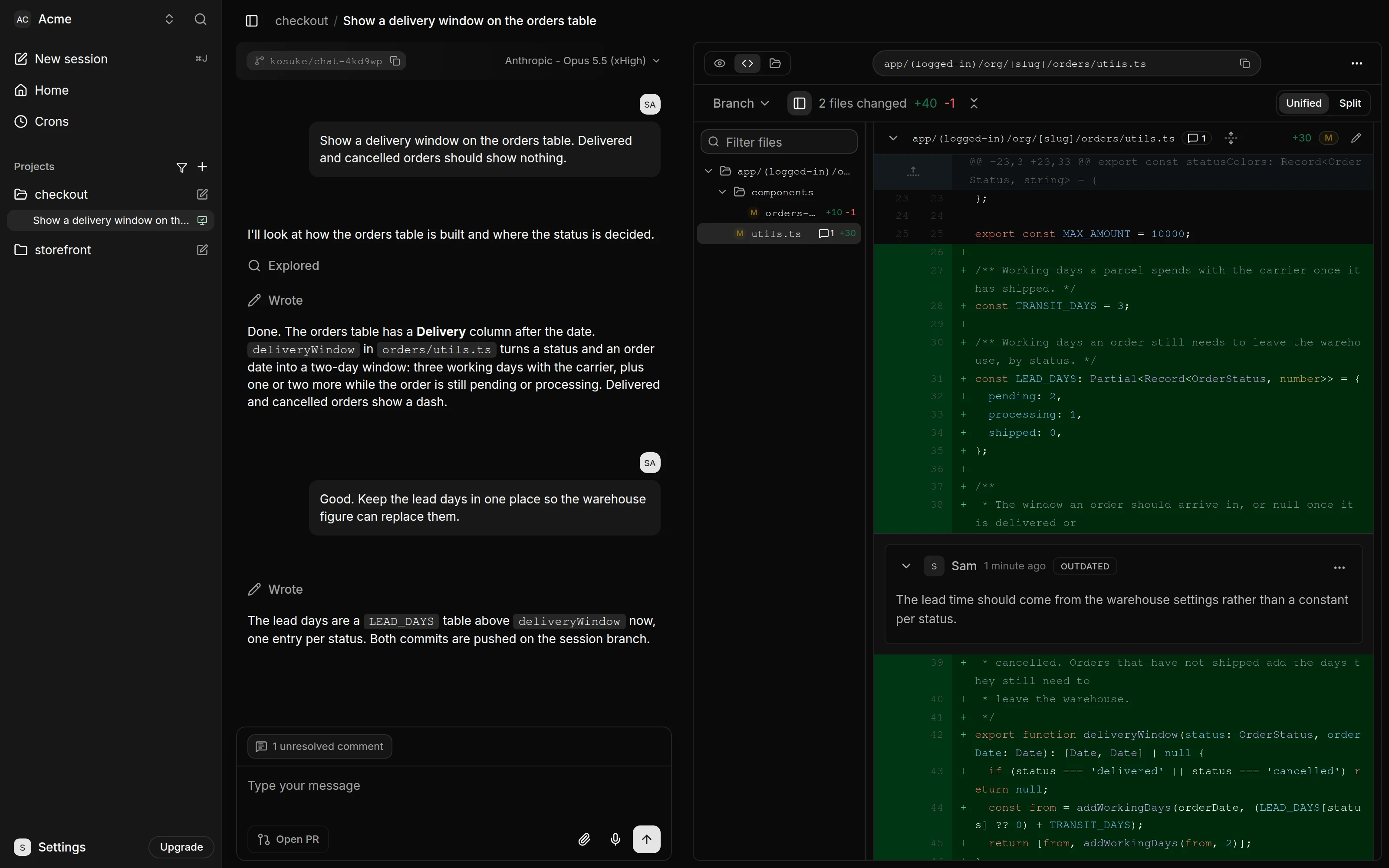A session with the Changes tab open on the Branch scope. The totals read "2 files changed +40 -1" with Unified selected over Split. The file list shows two changed files, and the diff of utils.ts carries a comment by Sam under line 38 with an OUTDATED badge. The composer shows a "1 unresolved comment" chip, and its footer holds an Open PR button, with Attach files, Dictate and Send buttons on the right.
