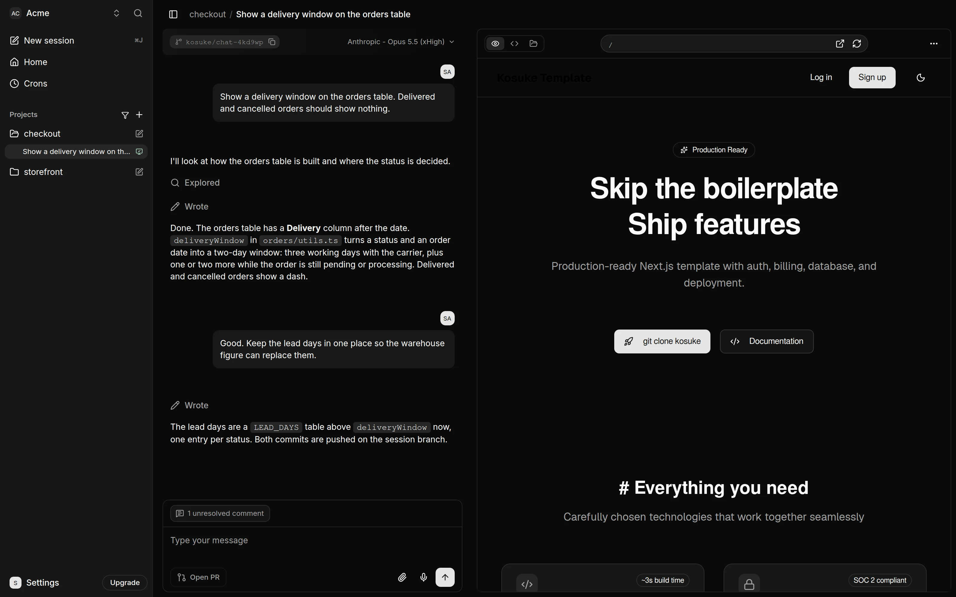 The session "Show a delivery window on the orders table" with the Preview tab open beside its conversation. The address bar reads "/". The Preview shows the app's home page, with Log in and Sign up in its header, a "Production Ready" badge and the heading "Skip the boilerplate, Ship features". Two buttons sit under it, "git clone kosuke" and "Documentation". On the left are two messages from Sam, two replies from Kosuke, and the composer with a "1 unresolved comment" chip, an Open PR button and a Dictate button.