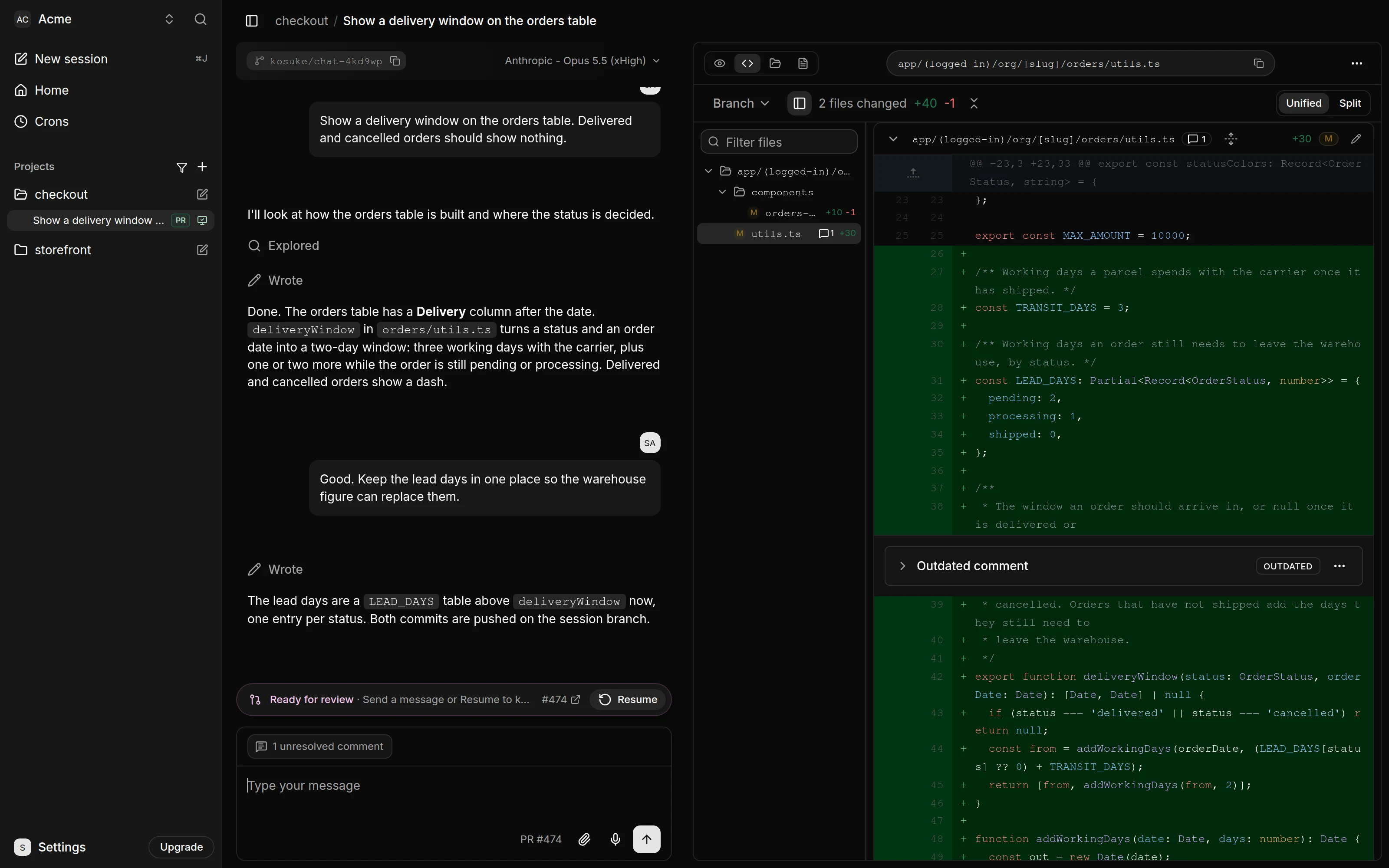 A session after Open PR. Above the composer, a banner reads "Ready for review" with a hint that starts "Send a message or Resume", the pull request number #474 and a Resume button. The composer reads "Type your message" under a "1 unresolved comment" chip, and the session in the sidebar carries a PR badge. On the right, the Changes tab shows the Branch scope with its comment folded to "Outdated comment".