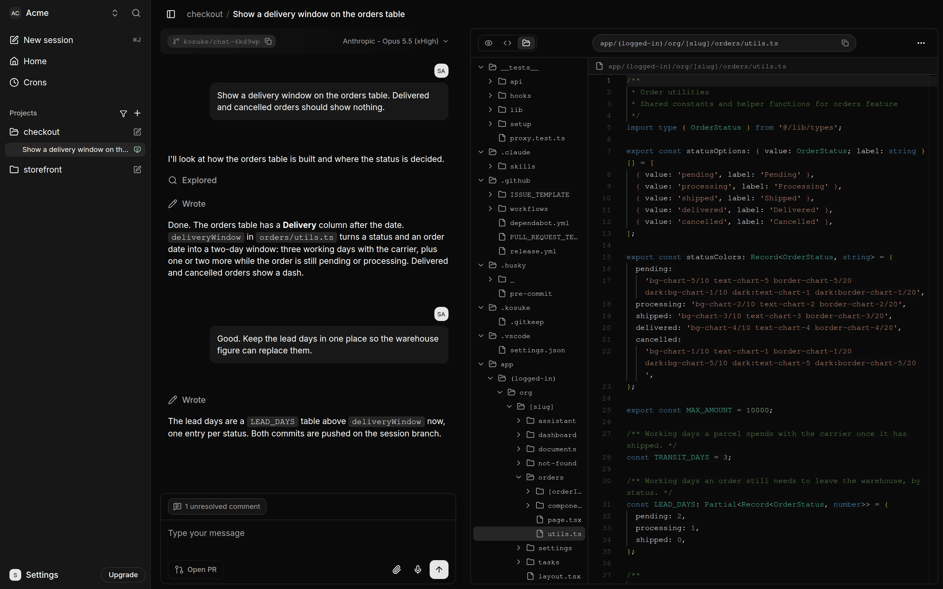 A running chat session titled "Show a delivery window on the orders table". The header shows the branch chip and the model, Anthropic Opus 5.5 (xHigh). On the left, the conversation, with each reply folding its steps into Explored and Wrote rows, and the composer beneath with a "1 unresolved comment" chip, an Open PR button, and Attach files, Dictate and Send buttons. On the right, the Files tab with the sandbox's file tree open to orders/utils.ts and its code beside it.