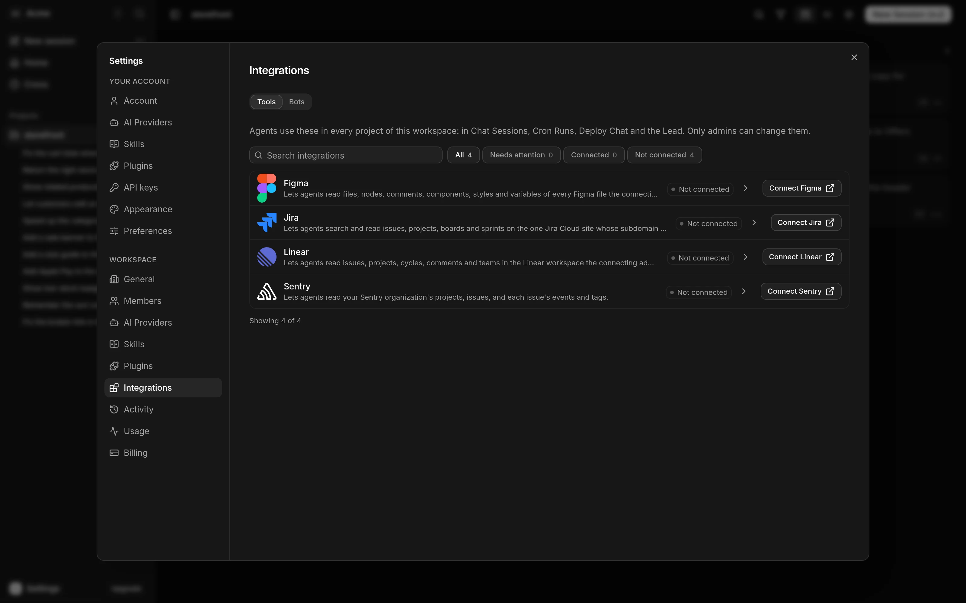 The Integrations section of Settings, as an admin sees it, open on the Tools tab beside a Bots tab. A line reads "Agents use these in every project of this workspace: in Chat Sessions, Cron Runs, Deploy Chat and the Lead. Only admins can change them." Below a search field and the filters All, Needs attention, Connected and Not connected, the Figma, Jira, Linear and Sentry rows are all marked Not connected, each with a Connect button such as Connect Figma.