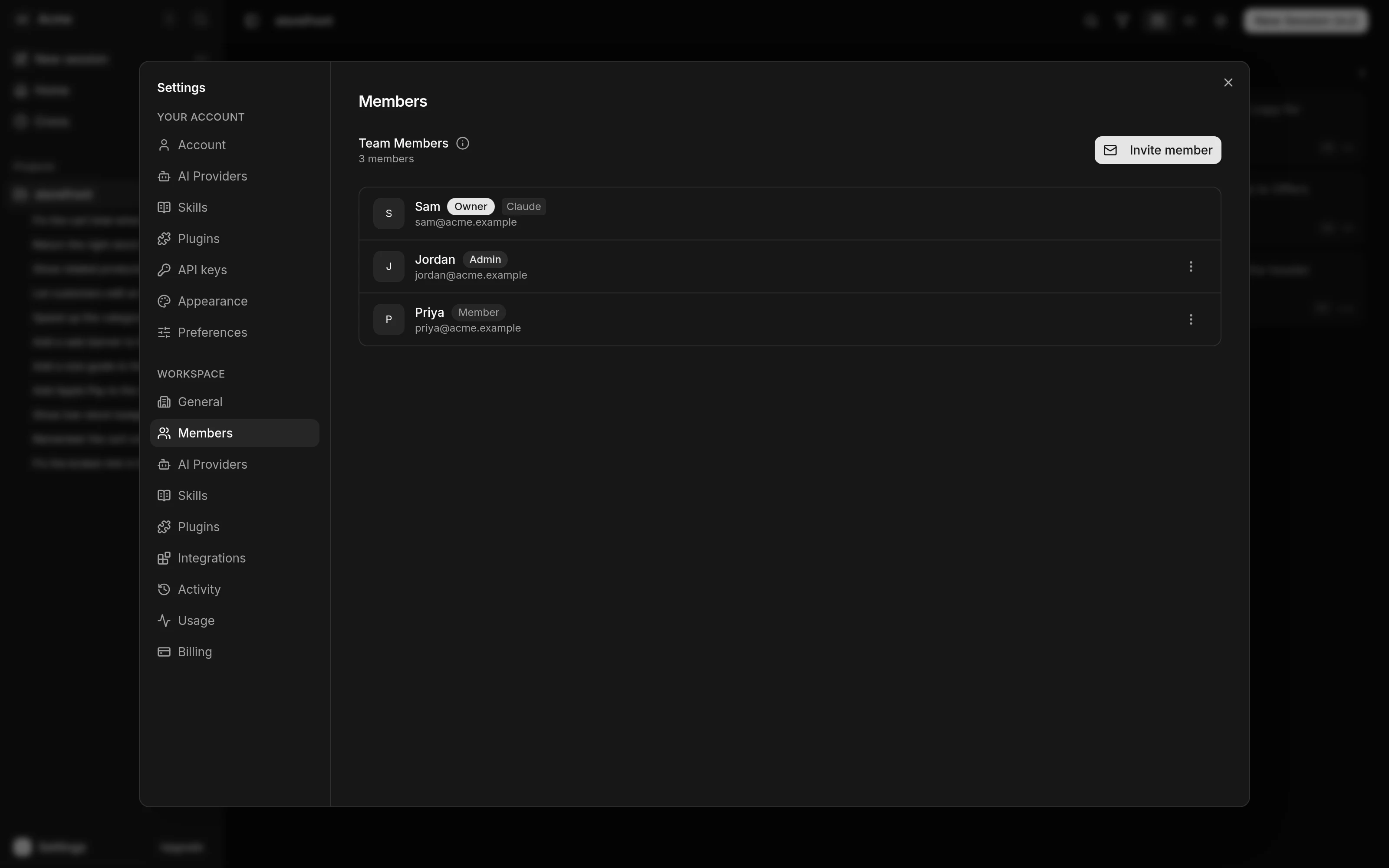 The Members section of Settings. Under Team Members, 3 members, and an Invite member button, three rows list Sam with an Owner badge and a Claude pill, Jordan with an Admin badge, and Priya with a Member badge, each above an email address. Jordan's and Priya's rows end in an actions menu.