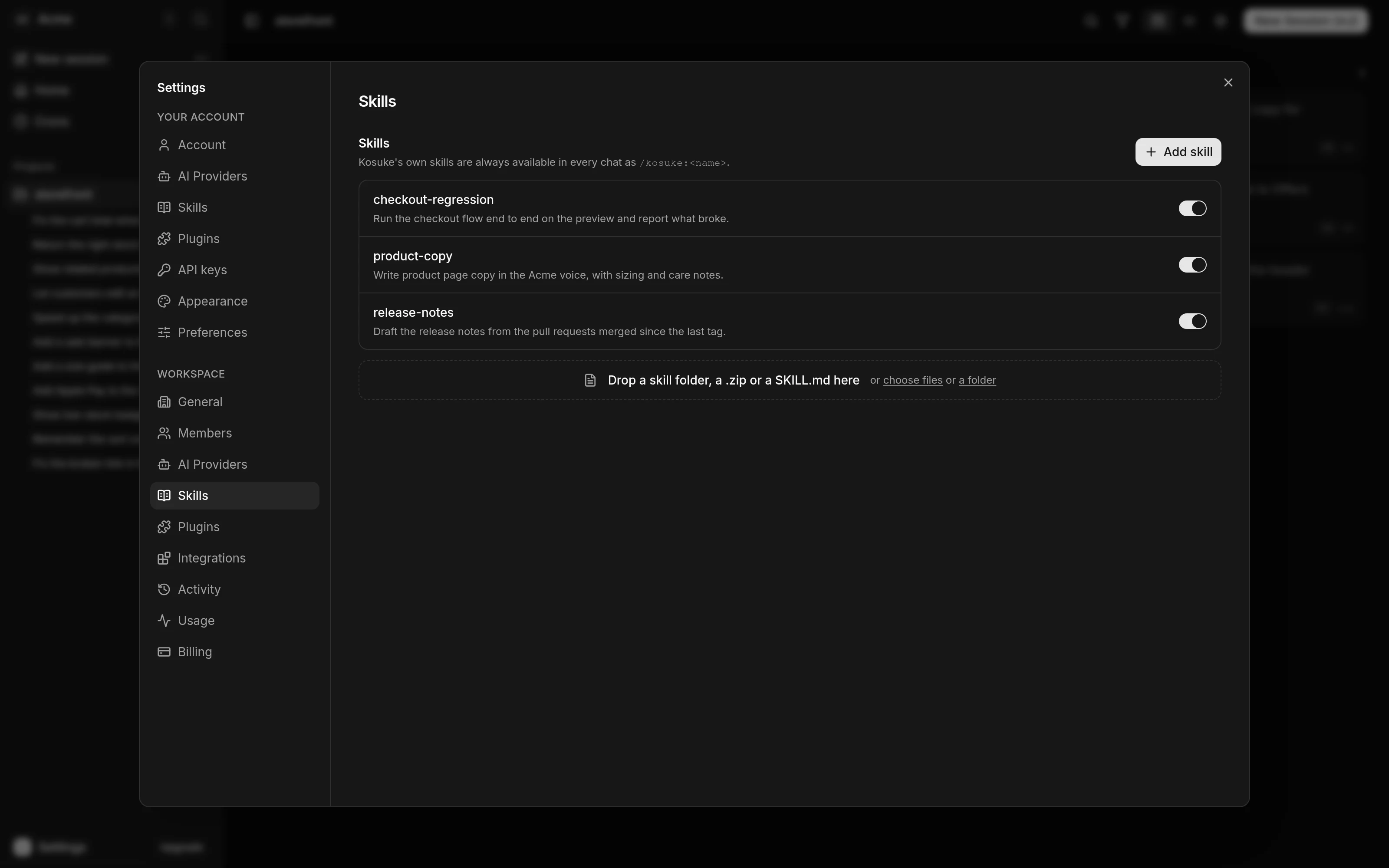 The Workspace Skills settings page, listing Custom Skills with a switch on each row and an Add skill button above the list.